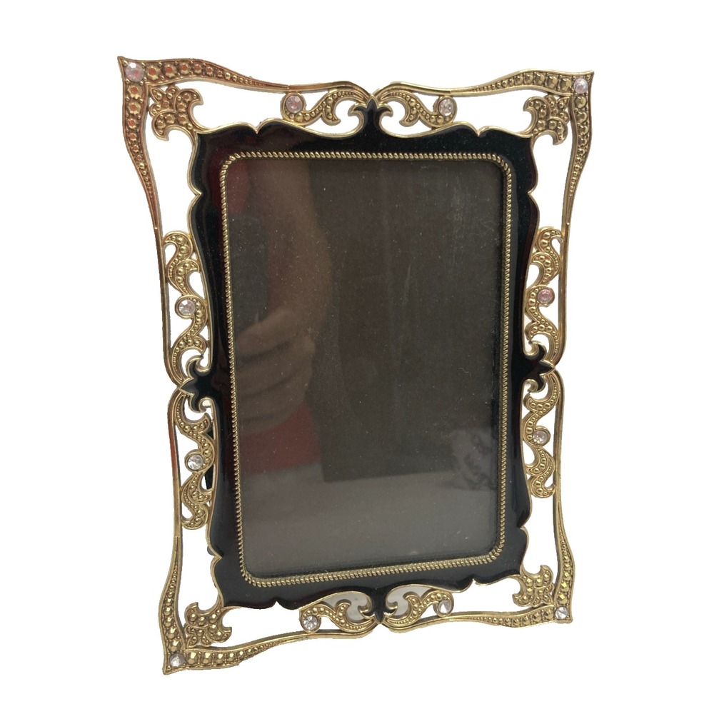 Vtg Blk  & Gold Metal Picture Frame Beautiful Swirl Design Clear Rhinestones 4x6